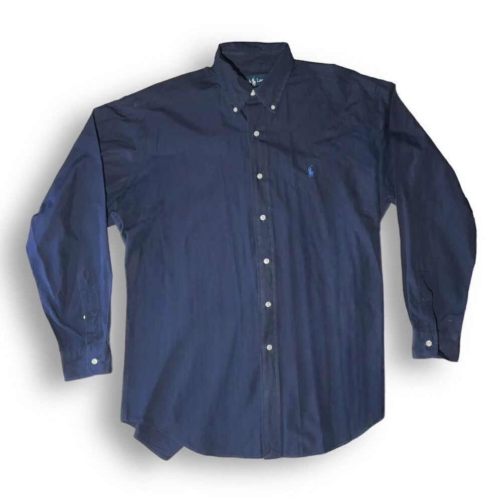 🕶️ Ralph Lauren Blake Navy Dress Shirt 👔 Men’s‎ L Embroidered Pony Logo Cotton